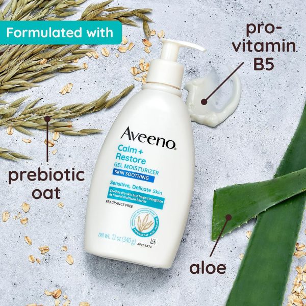 ⁦Aveeno Calm + Restore Gel Body Moisturizer for Sensitive, Delicate Skin, Lightweight Daily Dry Skin Healing Moisturizer with Prebiotic Oat, Aloe & Pro-Vitamin B5, Fragrance Free, 12 oz⁩ - الصورة ⁦3⁩