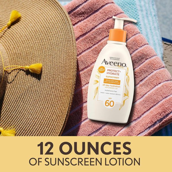 ⁦AVEENO BABY Protect + Hydrate Moisturizing Body Sunscreen Lotion With Broad Spectrum Spf 60 & Prebiotic Oat, Weightless, Paraben-free, Oil-free & Oxybenzone-free, Pump Bottle, 12.0 ounces, WHITE⁩ - الصورة ⁦3⁩