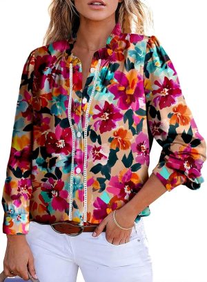 Astylish Womens V Neck Striped Roll up Sleeve Button Down Blouses Top