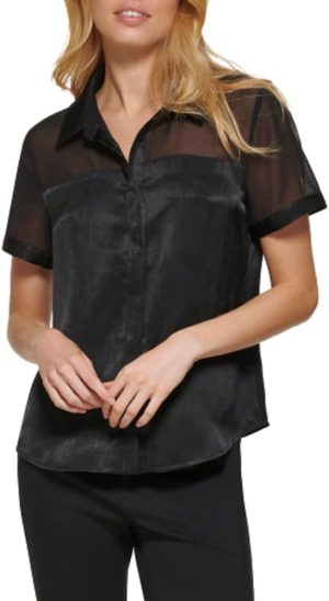 DKNY womens Satin Easy Sheer Sleeve Top Shirt