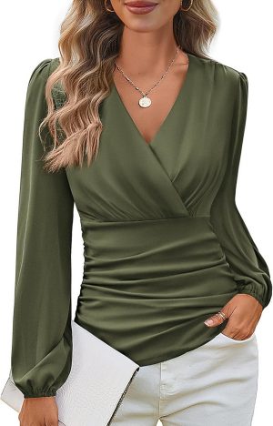 GRACE KARIN 2025 Womens Tops Summer Wrap Blouse V Neck Ruffle Sleeve Dressy Casual Top Ruched Trendy Clothes