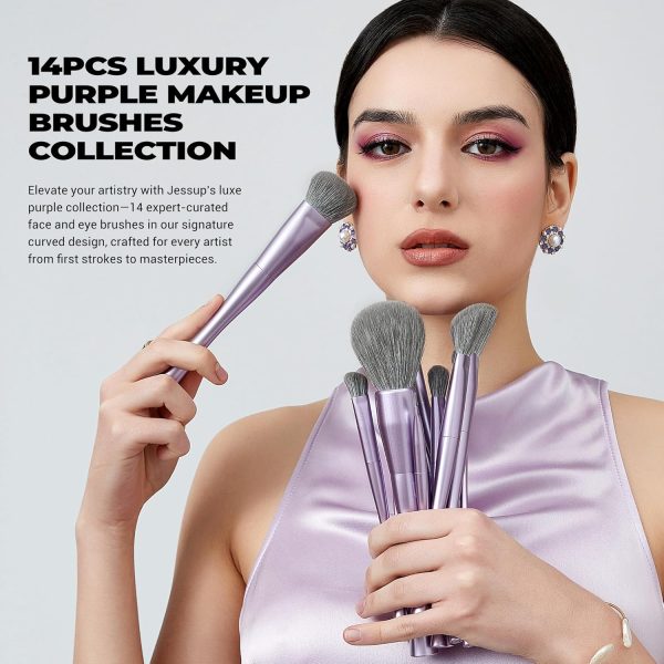 ⁦Jessup Makeup Brushes Set Professional 14pcs Vegan Make Up Brushes, Foundation Eyeshadow Concealer Contour Powder Blush Blending Eyeliner Brush, Premium Synthetic Fiber, Luxury Purple T512⁩ - الصورة ⁦2⁩