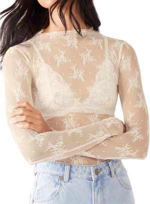 Sheer Mesh Long Sleeve Layering Top for Women Mock Neck Floral Lace Tshirt See Through Tee Shirt Blouse