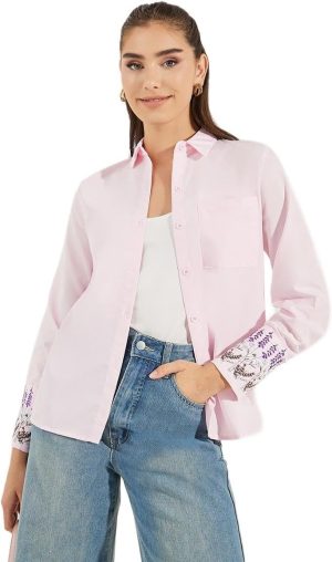 Styli Women 7008698647 Embroidery Detail Cuffed Long Sleeve Shirt