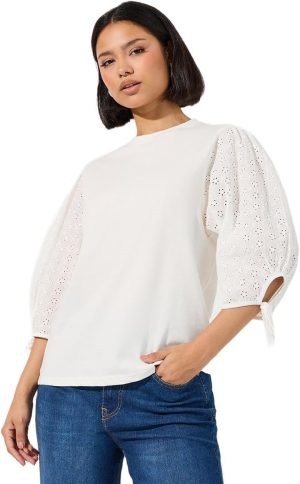 Styli Women Broderie Volume Sleeves Top With Tie Cuff Detail