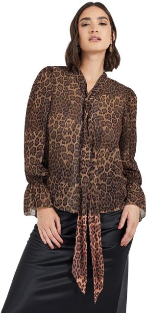 Styli Women Leopard Print Blouse With Tie-Up Neck