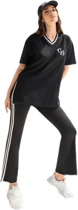 Styli Women Oversized Contrast Neck Rib Embroide T-Shirt
