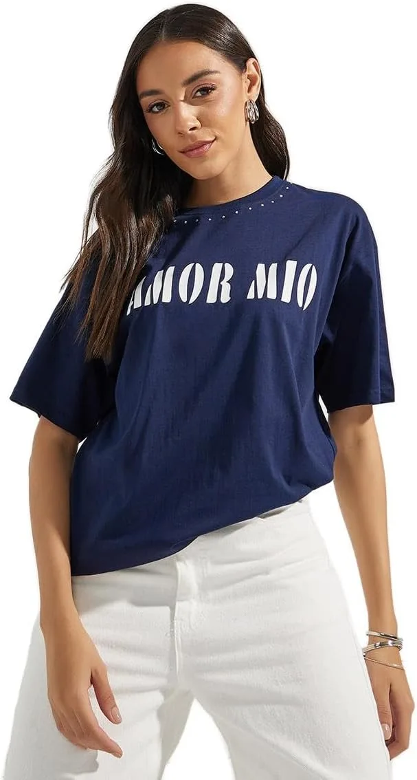 Styli Womene Oversized Amor Mio Slogan Rhinestone Longline T Shirt jpg