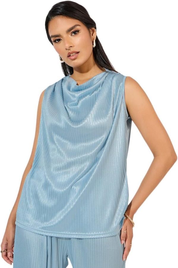 Styli Womene Sleeveless Pleated Top With Cowl Neck