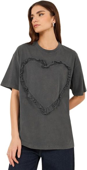 Styli Women's Acid Washed Ruffled Heart Design Oversized T-Shirt