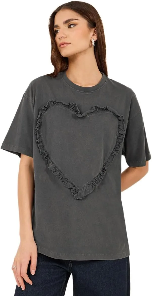 Styli Womens Acid Washed Ruffled Heart Design Oversized T Shirt jpg