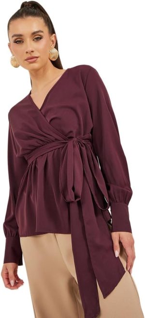 Styli Women's Balloon Sleeve Wrap Top With Tie-Up Waist Detail