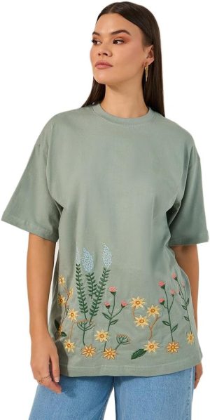 Styli Women's Embroidered Oversized Round Neck Longline T-Shirt
