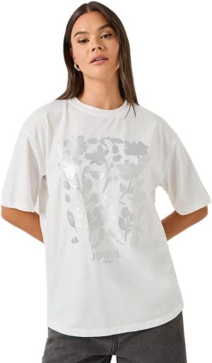 Styli Women's Floral Foil Graphic Oversized Round Neck T-Shirt
