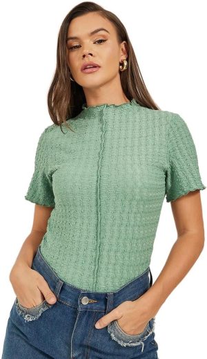 Styli Women's Textured High-Neck Lettuce Edge Short Sleeve Fitted T-Shirt