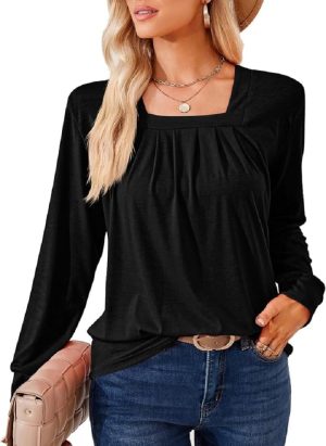 Women Summer Square Neck Short/Long Sleeve Dressy Babydoll Tops Pleated Blouse Loose Fit Tunic for Leggings
