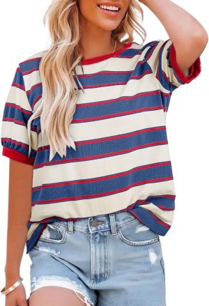 Womens Tops Cotton Casual Color Block Striped Short Sleeve Shirts Crewneck T Shirts Loose Basic Tee Blouses