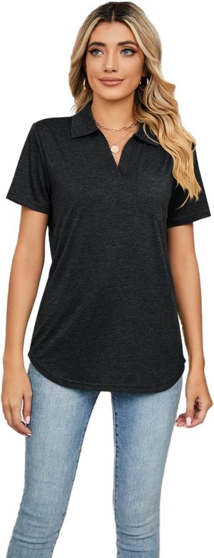 Womens V Neck Polo Shirts Short Sleeve Collared Tops Loose Casual Tunic Blouses with Pocket
