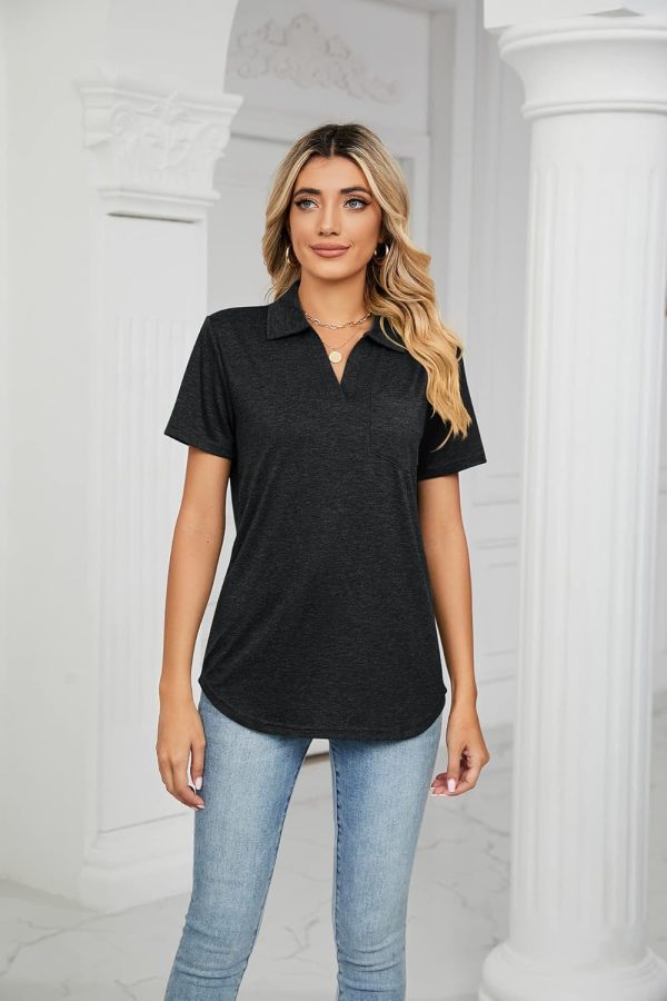 ⁦Womens V Neck Polo Shirts Short Sleeve Collared Tops Loose Casual Tunic Blouses with Pocket⁩ - الصورة ⁦2⁩