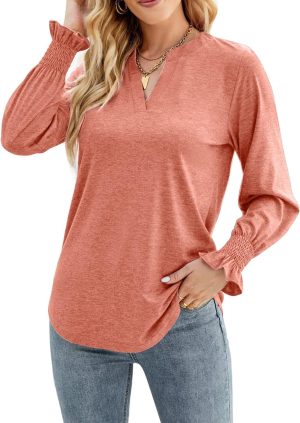 XNIUIU Women V Neck Puff Long Sleeve T-Shirts Casual Loose Tunic Blouse Tops Basic Tees