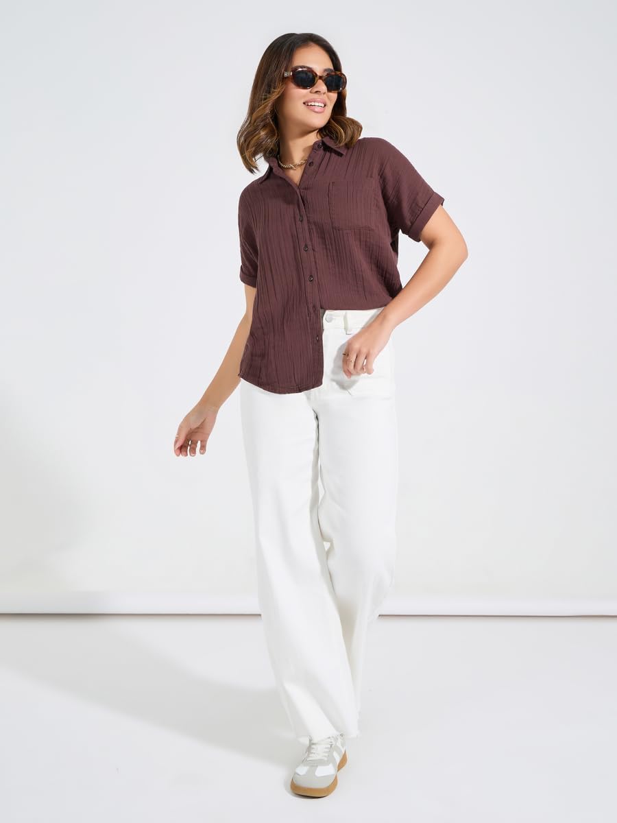 Styli Women 7005357105 Cotton Gauze Textured Shirt With Turn-Up Sleeves 2 Styli Women 7005357105 Cotton Gauze Textured Shirt With Turn-Up Sleeves - الصورة 2