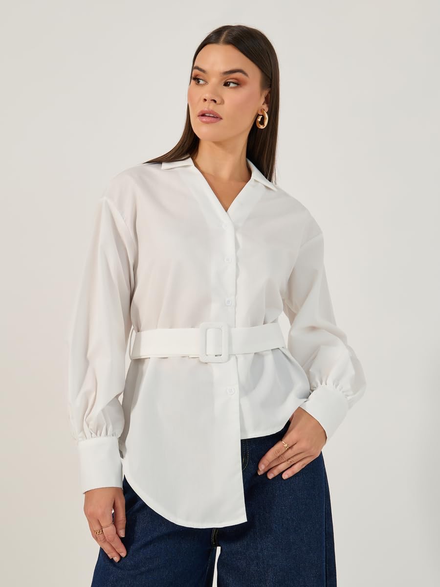 Styli Women's Solid Button-Down Collar Plain Shirt With Belted 2 Styli Women's Solid Button-Down Collar Plain Shirt With Belted - الصورة 2