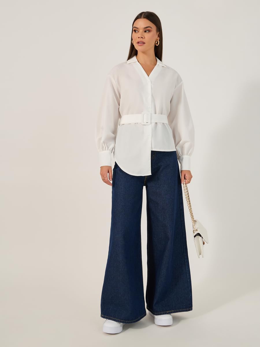 Styli Women's Solid Button-Down Collar Plain Shirt With Belted 3 Styli Women's Solid Button-Down Collar Plain Shirt With Belted - الصورة 3