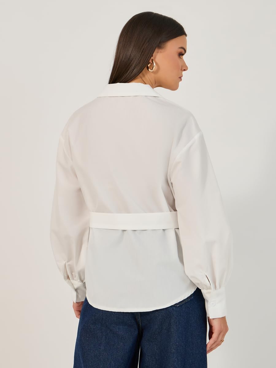 Styli Women's Solid Button-Down Collar Plain Shirt With Belted 5 Styli Women's Solid Button-Down Collar Plain Shirt With Belted - الصورة 5