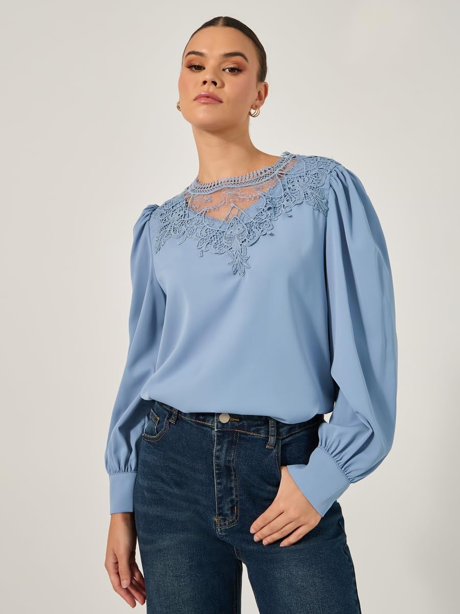 Styli Women's Solid Long Sleeve Blouse With Lace Detail 2 Styli Women's Solid Long Sleeve Blouse With Lace Detail - الصورة 2