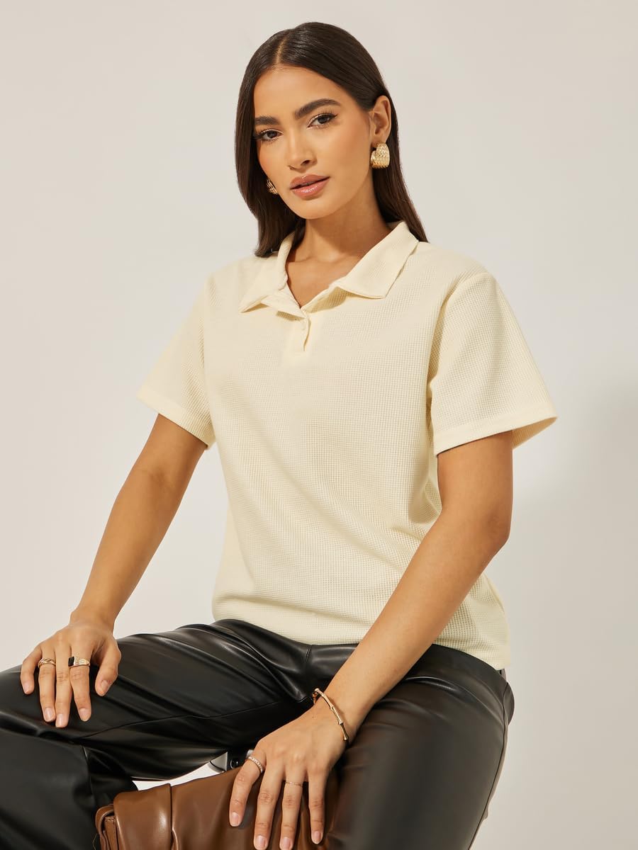 Styli Women's Waffle Knit Regular Fit Polo T-Shirt 2 Styli Women's Waffle Knit Regular Fit Polo T-Shirt - الصورة 2