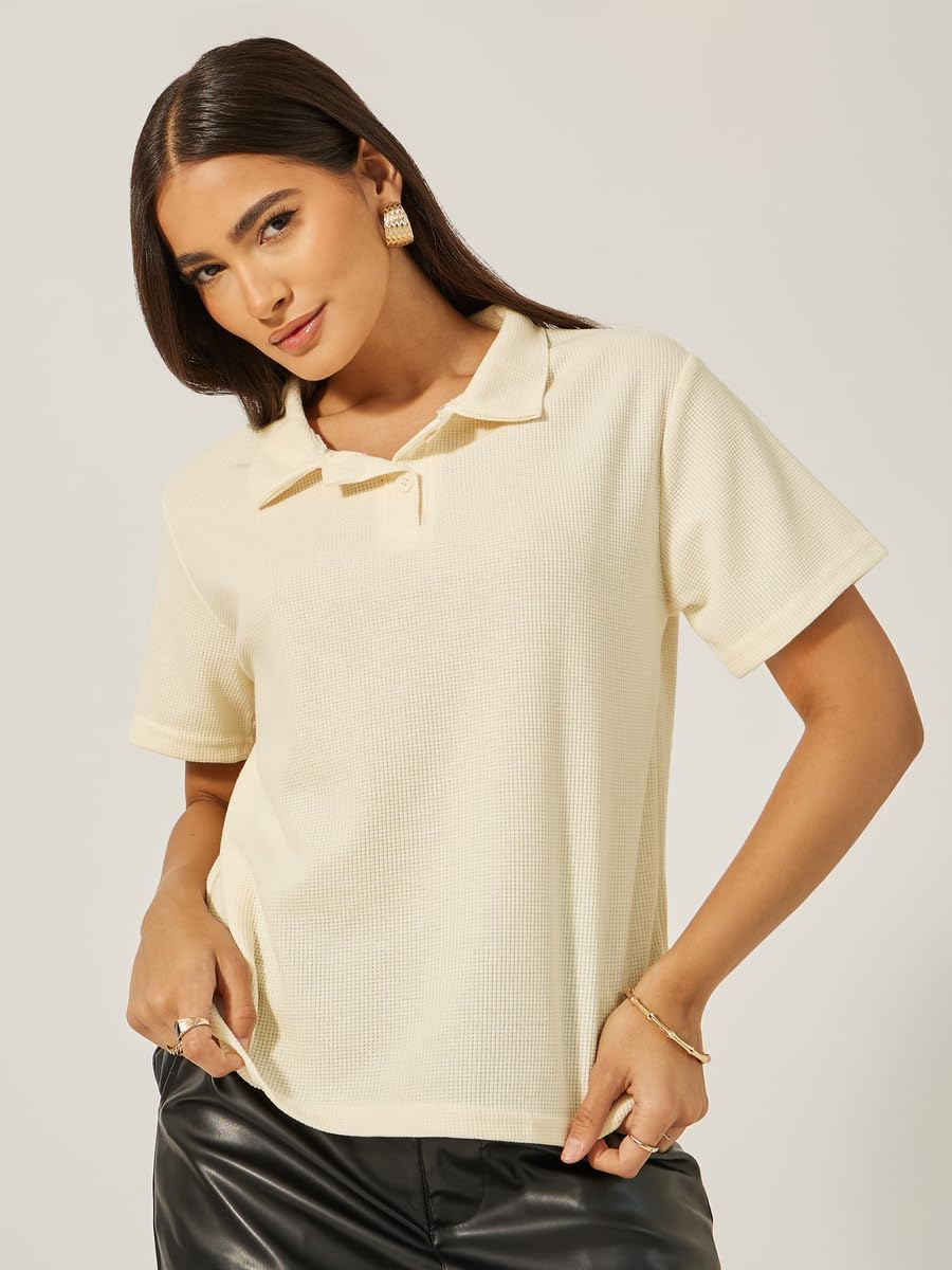 Styli Women's Waffle Knit Regular Fit Polo T-Shirt 4 Styli Women's Waffle Knit Regular Fit Polo T-Shirt - الصورة 4
