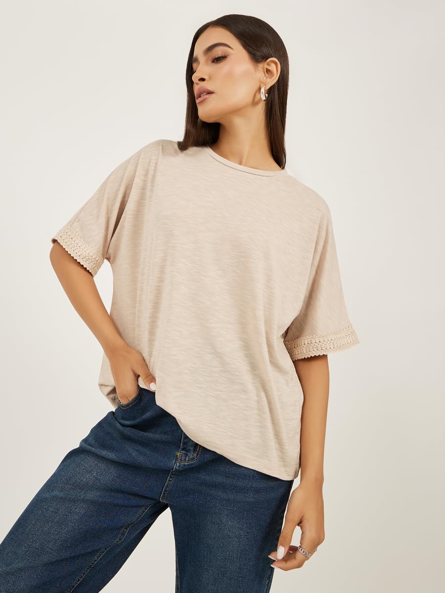 Styli Women's Slubbed Short Sleeves Boxy T-Shirt With Lace Detail 4 Styli Women's Slubbed Short Sleeves Boxy T-Shirt With Lace Detail - الصورة 4