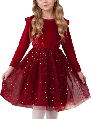 SEAUR Little Girls Long Sleeve Tutu Dress Sparkly Tulle Toddler Holiday Party Dress Ruffle Star Sequin Fall Winter Christmas Halloween 2-8 Years