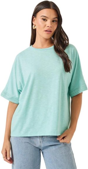 Styli Women's Slubbed Short Sleeves Boxy T-Shirt With Lace Detail