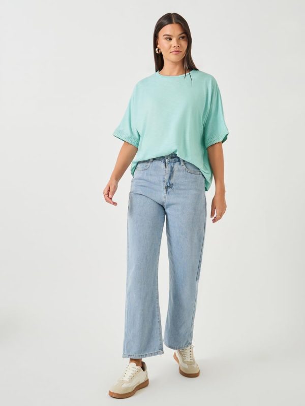 ⁦Styli Women's Slubbed Short Sleeves Boxy T-Shirt With Lace Detail⁩ - الصورة ⁦3⁩