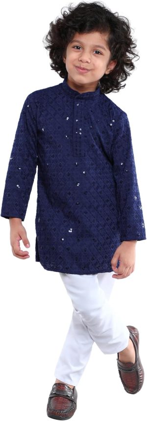Boys Chikankari Kurta Pajama Set – Premium Cotton Fabric, Full Sleeves, Regular Fit, Intricate Chikankari with Sequins, Traditional Ethnic Wear