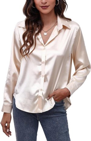 Shirt for Women Long Sleeve Button Down Shirt Satin Blouse Tops Shiny Silk Like Shirt Office Work Business Blouse