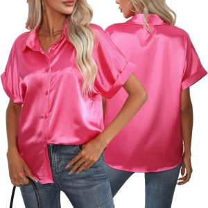SEAUR Womens Satin Button Down Shirts Casual Rolled Up Short Sleeve Silk Blouses Classic Collar Business Slim Fit Tops