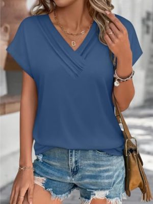 Womens Summer Tops V Neck Plain Short Sleeve T Shirts 2025 Loose Blouse Fashion Trendy Clothes Casual Tee