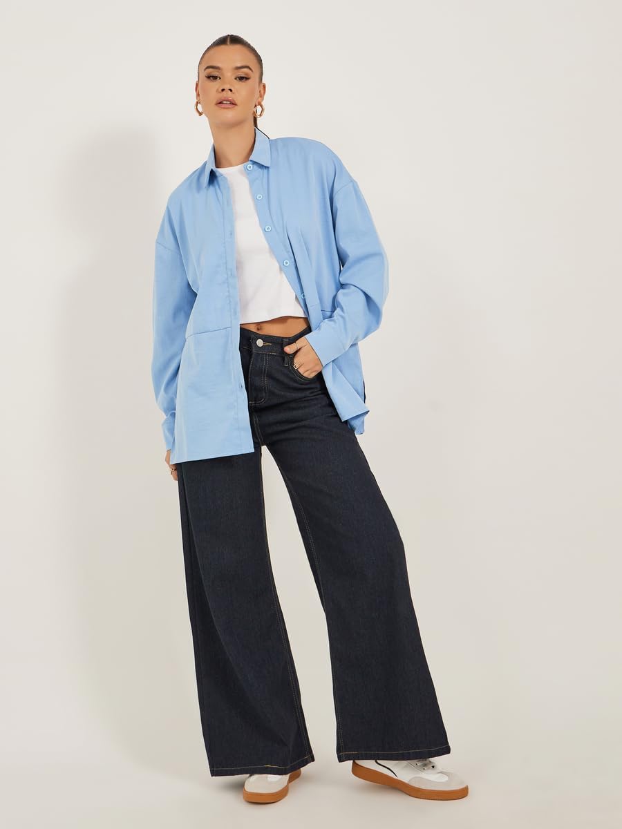 Styli Women's Solid Oversized Spread Collar Longline Shirt 3 Styli Women's Solid Oversized Spread Collar Longline Shirt - الصورة 3