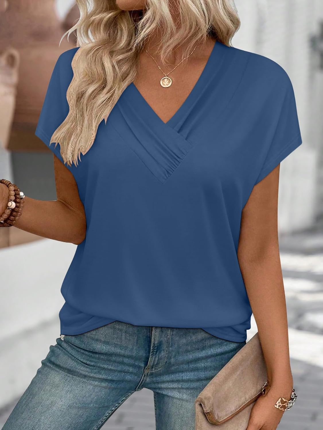 Womens Summer Tops V Neck Plain Short Sleeve T Shirts 2025 Loose Blouse Fashion Trendy Clothes Casual Tee 4 Womens Summer Tops V Neck Plain Short Sleeve T Shirts 2025 Loose Blouse Fashion Trendy Clothes Casual Tee - الصورة 4