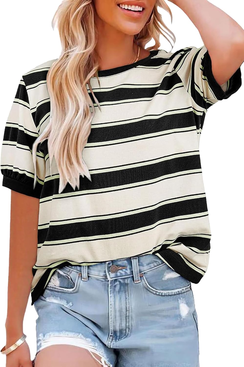Womens Summer Tops 2025 Striped Color Block Short Sleeve T-Shirts Crewneck Casual Loose Basic Tee Blouses 3 Womens Summer Tops 2025 Striped Color Block Short Sleeve T-Shirts Crewneck Casual Loose Basic Tee Blouses - الصورة 3