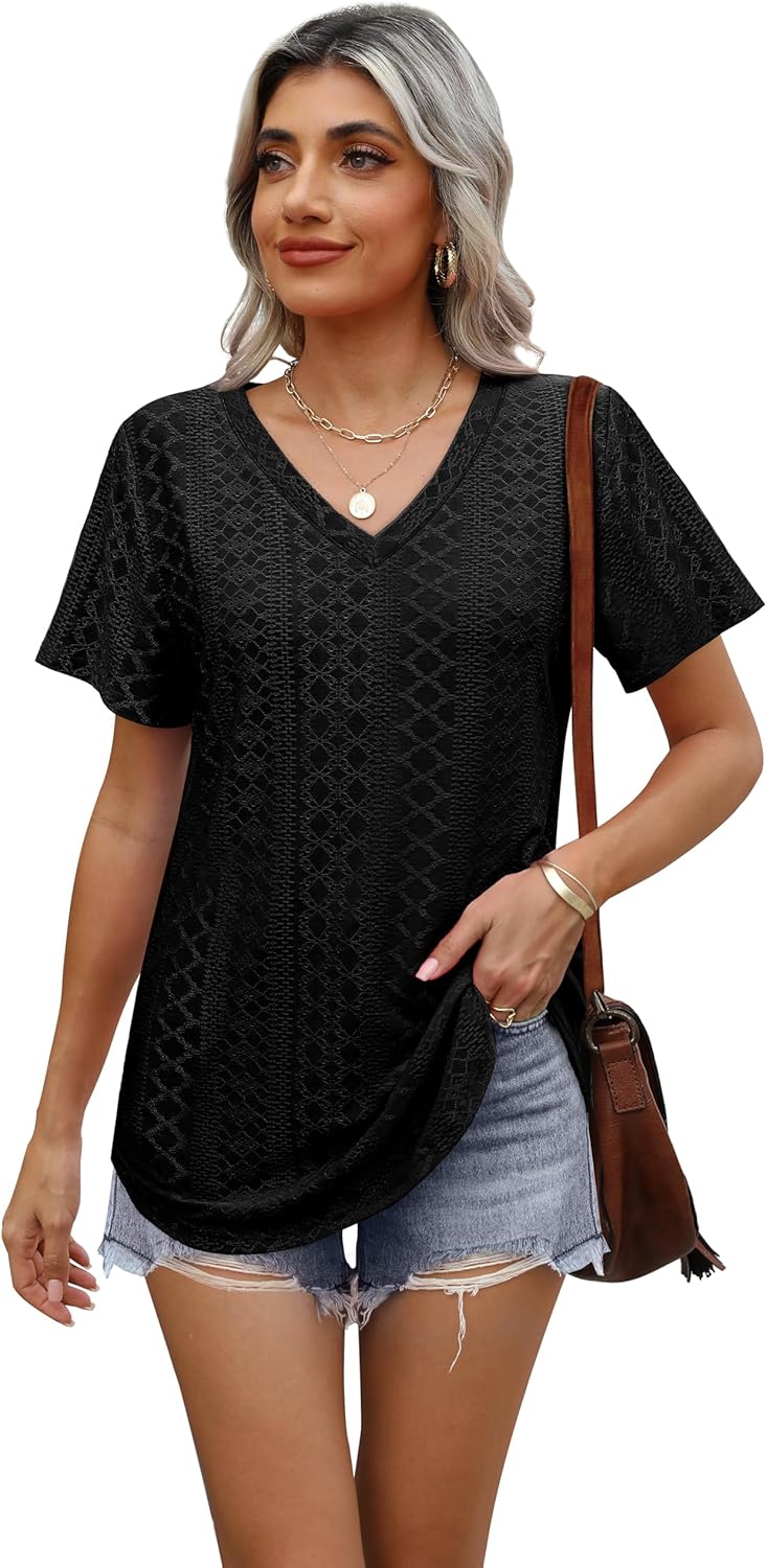 Womens T Shirts V Neck Short Sleeve Casual Tops Loose Fit Basic Tees with Curved Hem 3 Womens T Shirts V Neck Short Sleeve Casual Tops Loose Fit Basic Tees with Curved Hem - الصورة 3