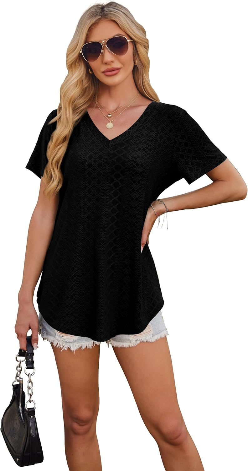 Womens T Shirts V Neck Short Sleeve Casual Tops Loose Fit Basic Tees with Curved Hem 5 Womens T Shirts V Neck Short Sleeve Casual Tops Loose Fit Basic Tees with Curved Hem - الصورة 5