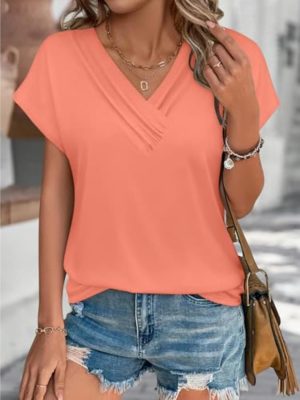 Womens Summer Tops V Neck Plain Short Sleeve T Shirts 2025 Loose Blouse Fashion Trendy Clothes Casual Tee