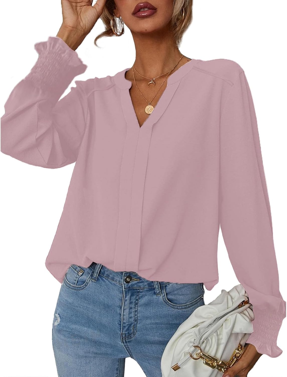 بلوزة كاجوال أنيقة للنساء بتصميم سادة عصري وقبة V وأكمام مكشكشة منفوخة طويلة من SYKT 1 بلوزة كاجوال أنيقة للنساء بتصميم سادة عصري وقبة V وأكمام مكشكشة منفوخة طويلة من SYKT