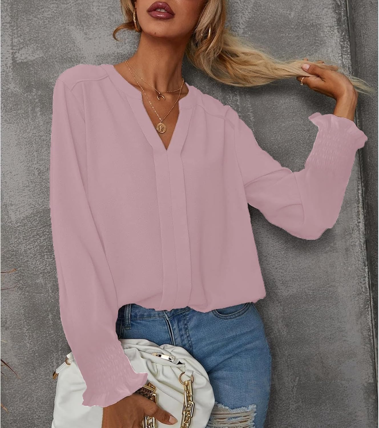 بلوزة كاجوال أنيقة للنساء بتصميم سادة عصري وقبة V وأكمام مكشكشة منفوخة طويلة من SYKT 3 بلوزة كاجوال أنيقة للنساء بتصميم سادة عصري وقبة V وأكمام مكشكشة منفوخة طويلة من SYKT - الصورة 3