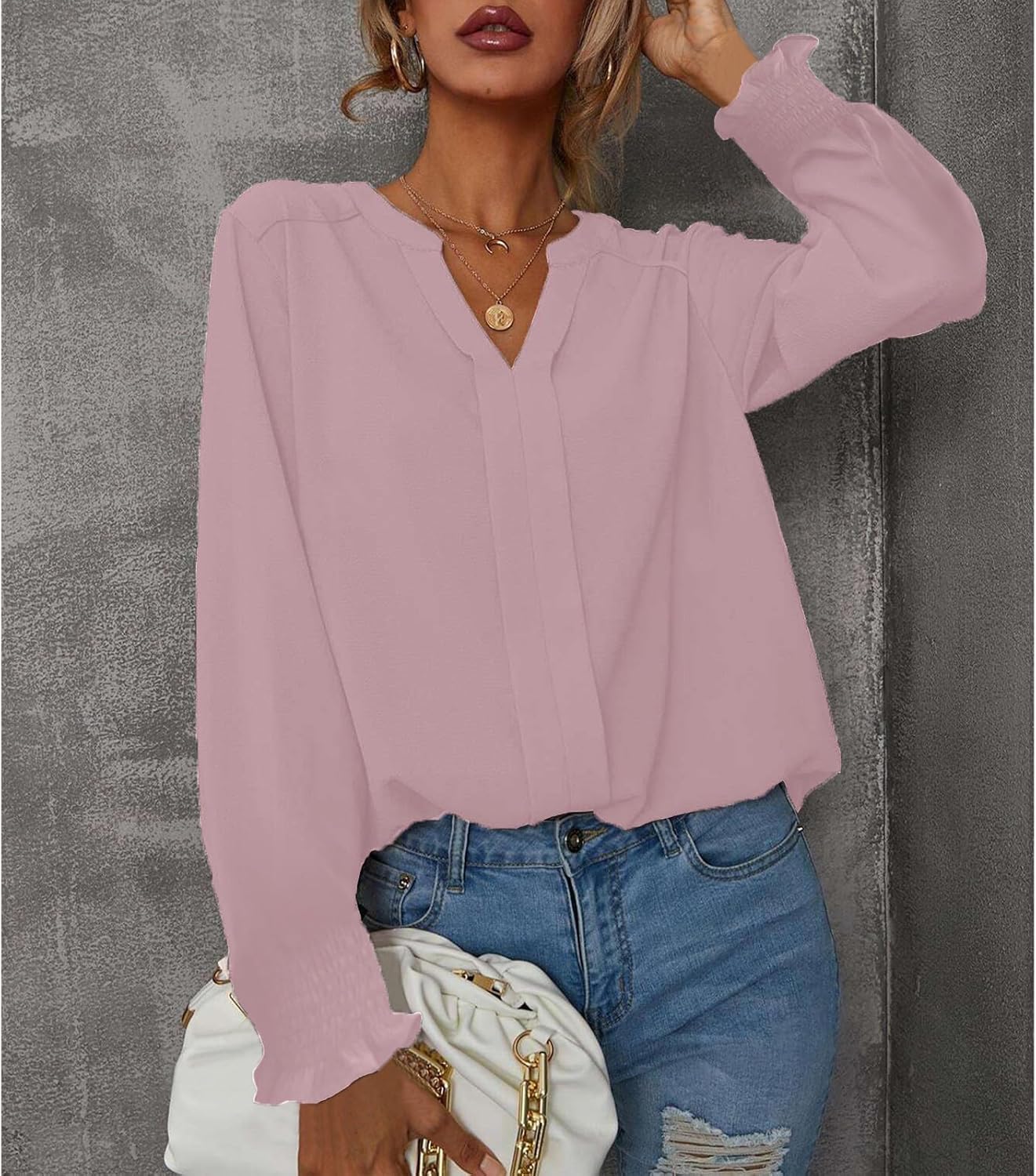بلوزة كاجوال أنيقة للنساء بتصميم سادة عصري وقبة V وأكمام مكشكشة منفوخة طويلة من SYKT 4 بلوزة كاجوال أنيقة للنساء بتصميم سادة عصري وقبة V وأكمام مكشكشة منفوخة طويلة من SYKT - الصورة 4