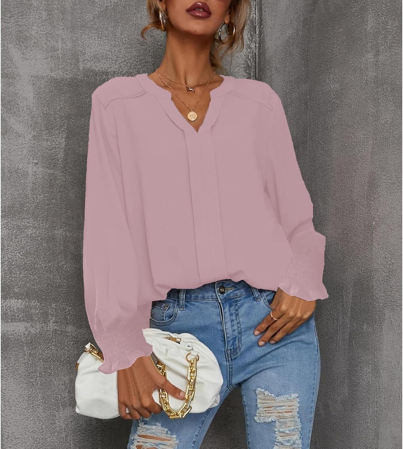 بلوزة كاجوال أنيقة للنساء بتصميم سادة عصري وقبة V وأكمام مكشكشة منفوخة طويلة من SYKT 7 بلوزة كاجوال أنيقة للنساء بتصميم سادة عصري وقبة V وأكمام مكشكشة منفوخة طويلة من SYKT - الصورة 7