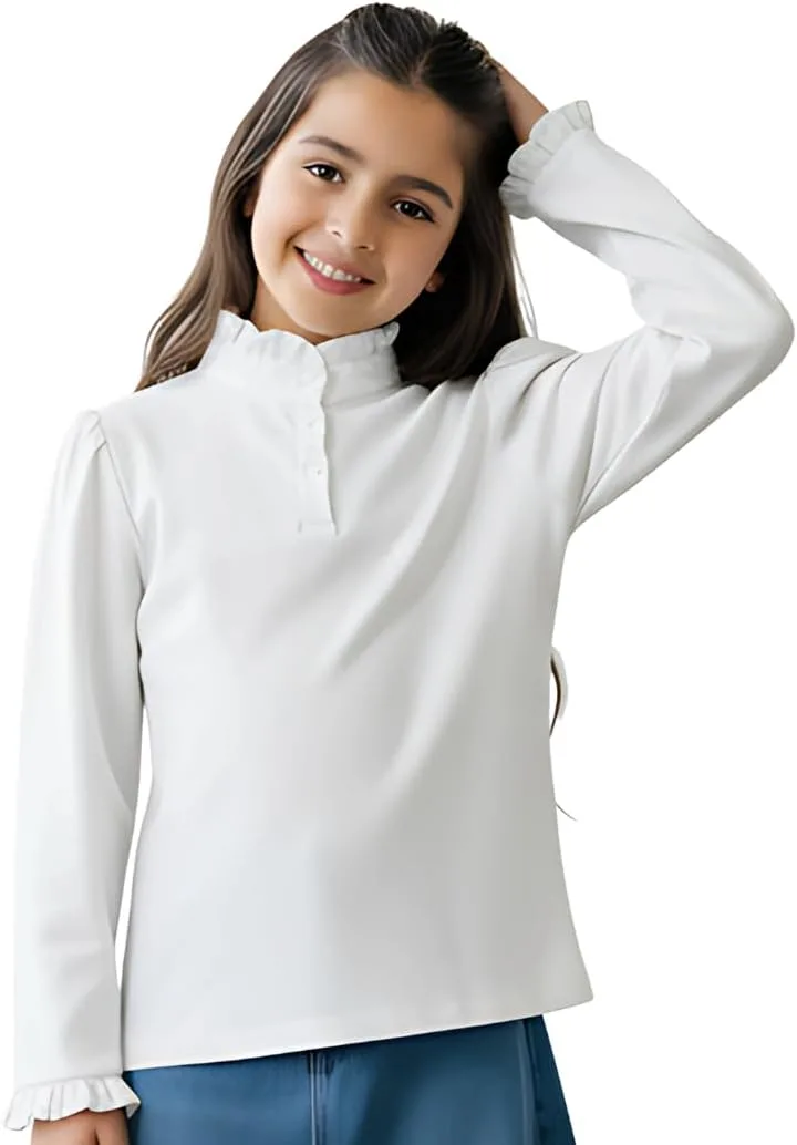 Girls Button Down Shirt Long Sleeve Ruffle Collar Blouse for School Uniform Daily, White Cotton Blouse 4 Girls Button Down Shirt Long Sleeve Ruffle Collar Blouse for School Uniform Daily, White Cotton Blouse